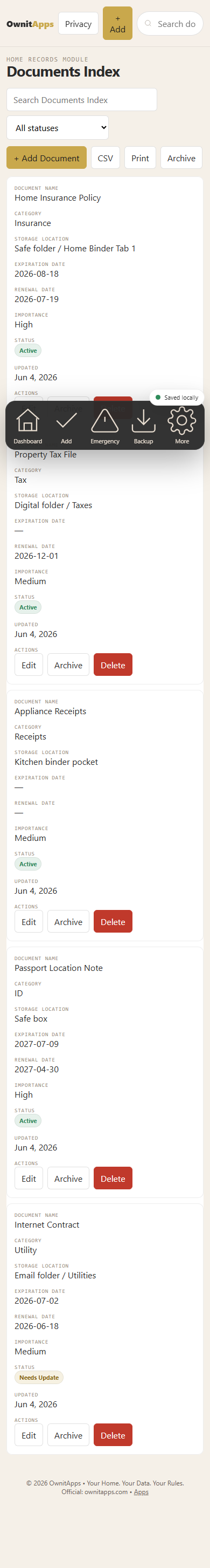 Home Admin Binder OS documents mobile screenshot