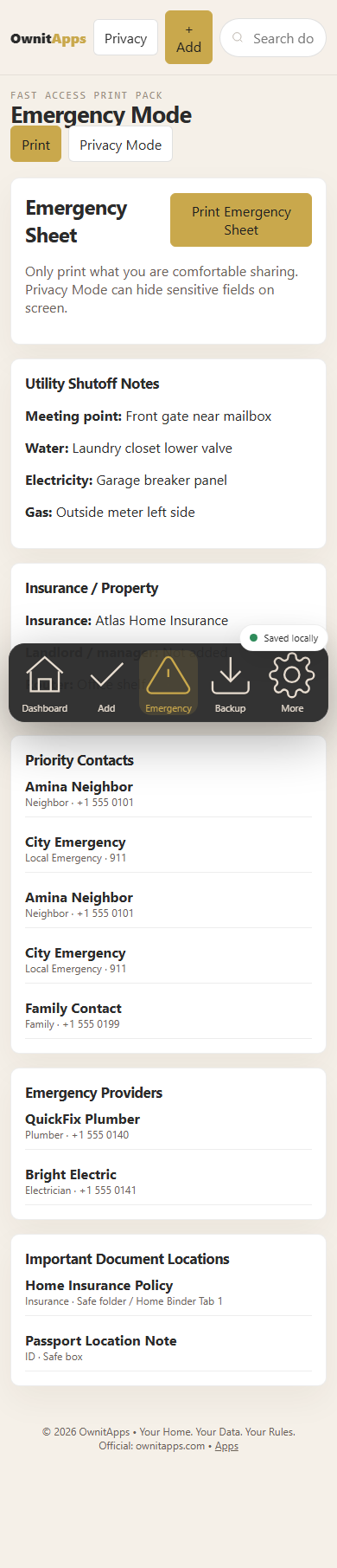 Home Admin Binder OS emergency mode mobile screenshot