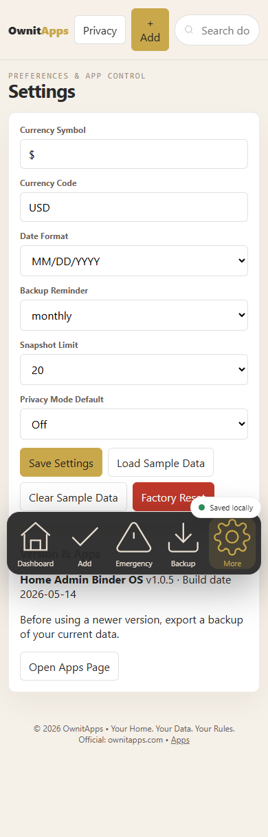 Home Admin Binder OS settings mobile screenshot